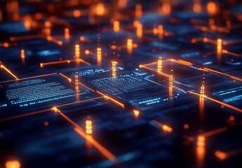 Fototapete - High-Tech Digital Circuit Background With Vibrant Blue And Glowing Orange Data Connections : Generative AI