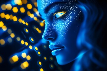 Aufkleber - Artistic Digital Portrait with Neon Yellow and Blue Light Patterns : Generative AI