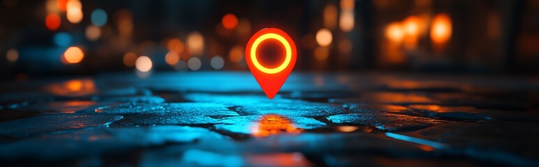 Poster - Radiant Red Navigation Pin Highlighted on Reflective City Street : Generative AI