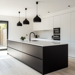 Poster - Sleek Minimalist Kitchen Interior with Dark Island and Ample Natural Light : Generative AI