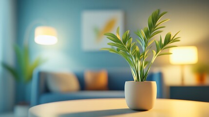 Poster - Cozy Home Interior with Green Foliage and Soft Lamp Light Creating a Relaxing Ambience : Generative AI