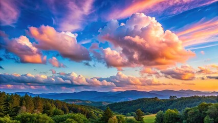 Wall Mural - Soft pink clouds against a blue sky with trees and hills in the foreground
