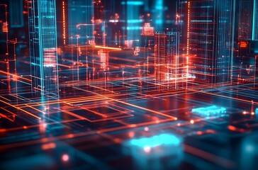 Aufkleber - Neon Futuristic City Network with Complex Digital Grid Algorithm Design : Generative AI