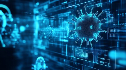 Poster - Abstract Blue Collage of Virus Structures and Data Sequences for Medical Innovation : Generative AI