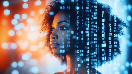 Aufkleber - Artistic Side Profile of a Woman with Afro Hair and Digital Wireframe : Generative AI