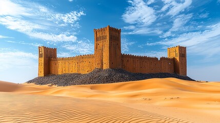 Wall Mural - Desert castle, ancient architecture, sunny day, sand dunes background, travel tourism