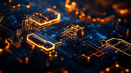 Fototapete - Abstract High-Tech Microchip Circuitry with Glowing Orange Pathways and Blue Background : Generative AI