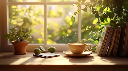 Poster - Cozy Morning Coffee on Sunlit Windowsill Surrounded by Lush Greenery and Books : Generative AI