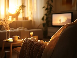 Poster - Cozy Living Room with Warm Sunlight Streaming Through Window at Dusk : Generative AI