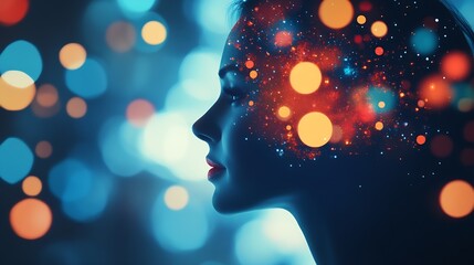 Poster - Side View of Woman with Cosmos Inspired Light Face on Abstract Blurred Background : Generative AI