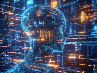 Fototapete - Futuristic Cyberspace with AI Head Displayed in Blue Digital Grid and Orange Accents : Generative AI