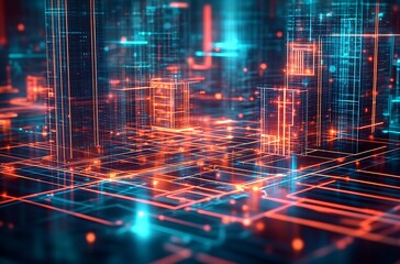 Poster - Advanced Digital Urban Cityscape with Neon Lights and Futuristic Network Grid : Generative AI