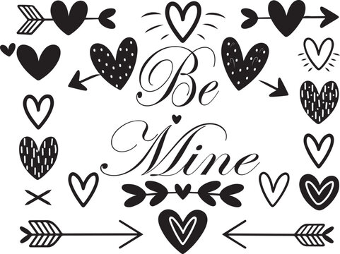 A collection of decorative design elements for a Valentine's Day poster, banner, or card design. There are hearts with arrows With Be Mine text.