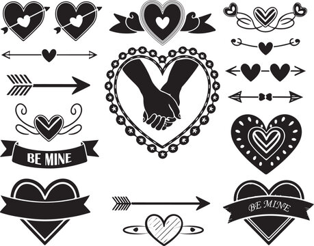A black and white color Valentine's Day poster design with decorative elements. Heart with the words I love you. Couple holding hands and a bouquet of roses. With text Happy Valentine's Day. Heart sha