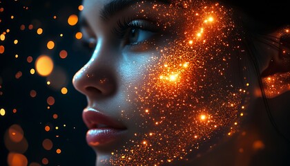 Aufkleber - Mystical Digital Portrait of Woman Enveloped in Glowing Golden Bokeh Sparks : Generative AI