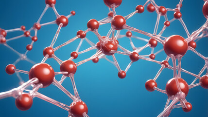 Poster - molecular structure: intricate network of interconnected red atoms against a vibrant blue backdrop, 