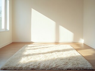 Poster - Minimalist Sunlit Room with Plush White Rug and Natural Light : Generative AI