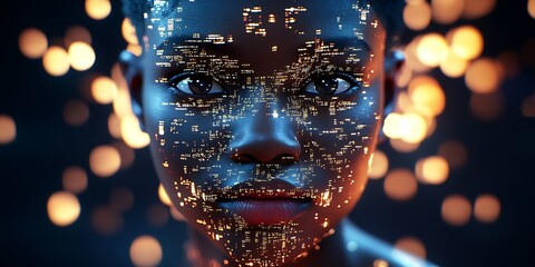 Poster - Enchanting Digital Portrait of Woman Merging with Luminous Cityscape for a Futuristic Essence : Generative AI