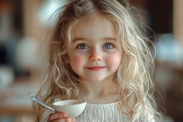 Poster - Adorable Girl Enjoying Hot Cocoa with Spoon in Cozy Home Interior : Generative AI