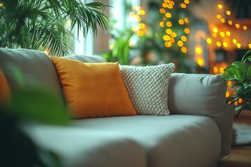 Poster - Modern Sofa with Orange and White Cushions Set Against a Backdrop of Lush Green Plants and Soft Ambient Lighting : Generative AI