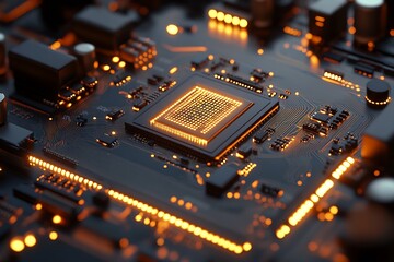 Poster - Modern Microprocessor with Illuminated Circuit Patterns for High-Tech Computing : Generative AI