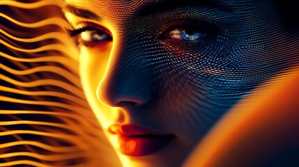 Poster - Closeup of Woman's Face with Ultra Fine Textural Light Patterns Abstract : Generative AI