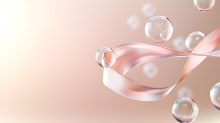 Poster - Serene blush ribbon dances with translucent bubbles against a soft peach backdrop.  A symphony of elegance and calm.