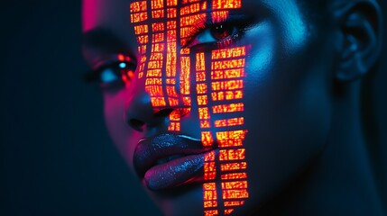 Fototapete - Red and Blue Digital Face Illumination Art with High-Tech Visual Effects : Generative AI