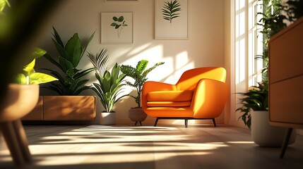 Poster - Modern living room with large orange armchair and lush green plants : Generative AI