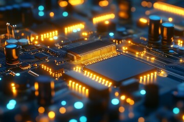 Leinwandbilder - Close Up of Electronic Circuit Board with LED Illuminated Microchip for High Tech Devices : Generative AI