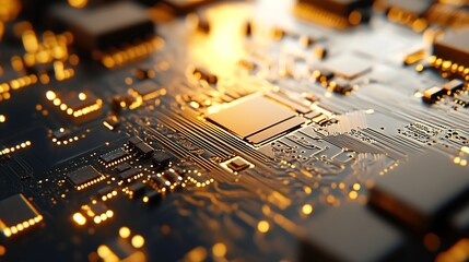 Fototapete - Golden Computer Chips on Circuit Board Depicting High-Tech Innovation and Electronic Engineering : Generative AI