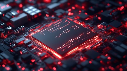 Poster - Advanced Technology Circuit Board Featuring Glowing Red Microchip : Generative AI