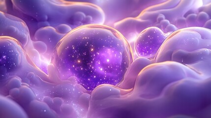 Aufkleber - Abstract Digital Art with Shimmering Purple and Gold Spheres in a Celestial Cloudscape : Generative AI