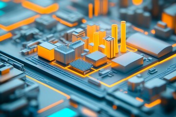 Leinwandbilder - Innovative Circuit Board City with Bright Orange Factories and Blue Accents : Generative AI