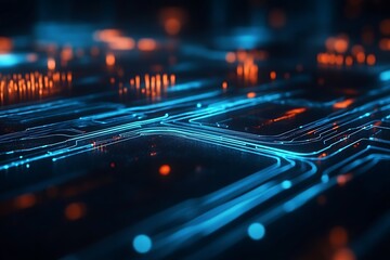 Poster - Futuristic Circuit Board Close-up with Neon Blue and Orange Lights : Generative AI