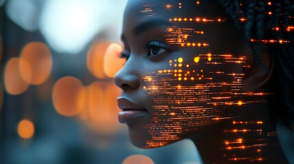 Aufkleber - Technological Artistry Portrait of a Woman with High Tech Light Streaks : Generative AI