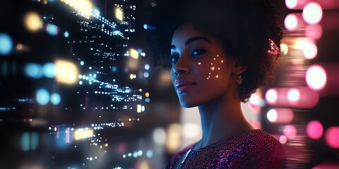 Aufkleber - Woman with Tech-Inspired Facial Art in Neon Environment : Generative AI
