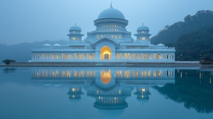 Wall Mural - Illuminated mosque, tranquil reflection, misty dawn, architectural beauty, travel destination