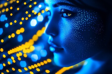 Poster - Vibrant Digital Portrait with Cyberpunk Blue and Yellow Light Aesthetics : Generative AI