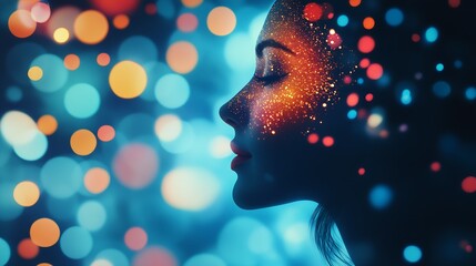 Poster - Female Silhouette Sparkling with Cosmos Lights in a Vibrant Bokeh Background : Generative AI