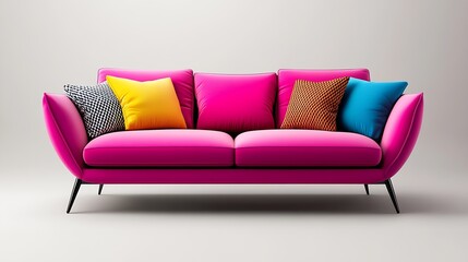 Poster - Modern Bright Pink Sofa with Colorful Cushions for a Vibrant Living Room Interior Design : Generative AI