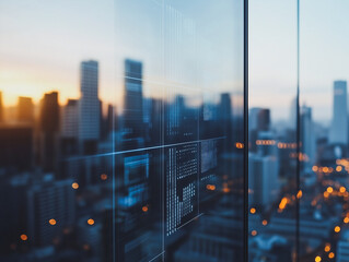 Poster - Urban Data Skyline: A captivating image showcasing a futuristic cityscape at dawn, viewed through a glass building with superimposed data screens displaying various charts, graphs and information.