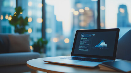 Poster - laptop with graph on screen in office: a laptop displaying a graph with rising charts rests on a tab