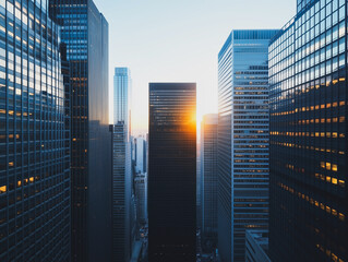 Wall Mural - Sunrise Metropolis:  A breathtaking aerial view captures the radiant sunrise illuminating a narrow canyon of skyscrapers, the golden light painting the glass facades in warm hues. 