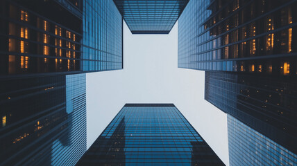 Poster - Skyward View of Skyscrapers:  A captivating view of skyscrapers towering upwards, creating a geometric pattern against a hazy blue sky. The image evokes a sense of scale and urban grandeur. 