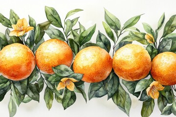 Wall Mural - A watercolor illustration of oranges surrounded by green leaves and flowers.