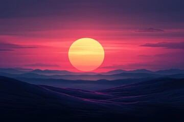 Canvas Print - Sunset over purple mountains, hazy sky, peaceful landscape, idyllic scene, travel poster