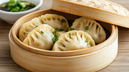 Canvas Print - close up of Chinese dumplings bamboo steamer, showcasing their delicate texture and green onion