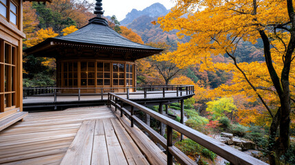 Wall Mural - serene wooden pavilion surrounded by vibrant autumn foliage in Japan