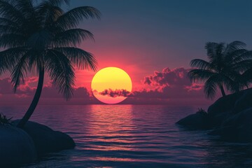 Wall Mural - Tropical sunset beach scene, island rocks, calm ocean, digital art, travel